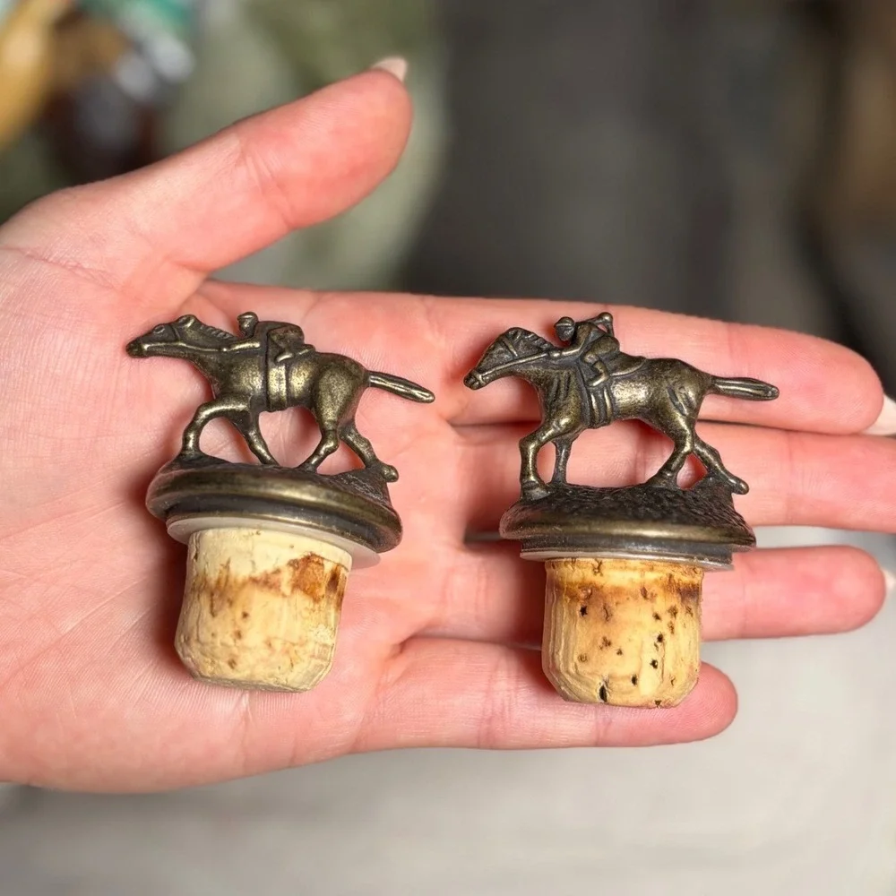 Vintage Horse Racing Wine Bottle Stoppers Set of 2 Bronze Tone Jockey Equestrian